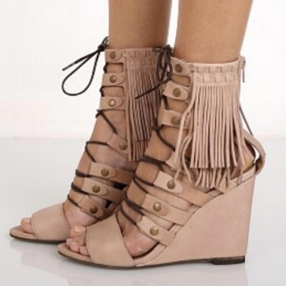 Free People Womens Solstice Nude Suede Fringe Wedge Sandals Size EU 37 US 7 - Picture 1 of 12